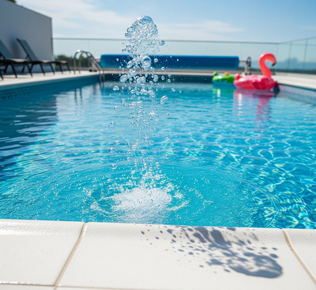Rozbrysk czystej wody w basenie przydomowym - czysta woda aplikacja aktywnego tlenu