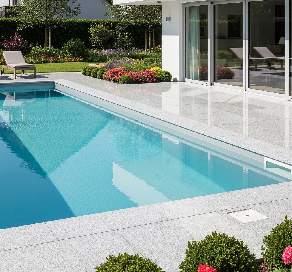 Basen poliestrowy w pięknym ogrodzie. Wygodny i praktyczny w utrzymaniu