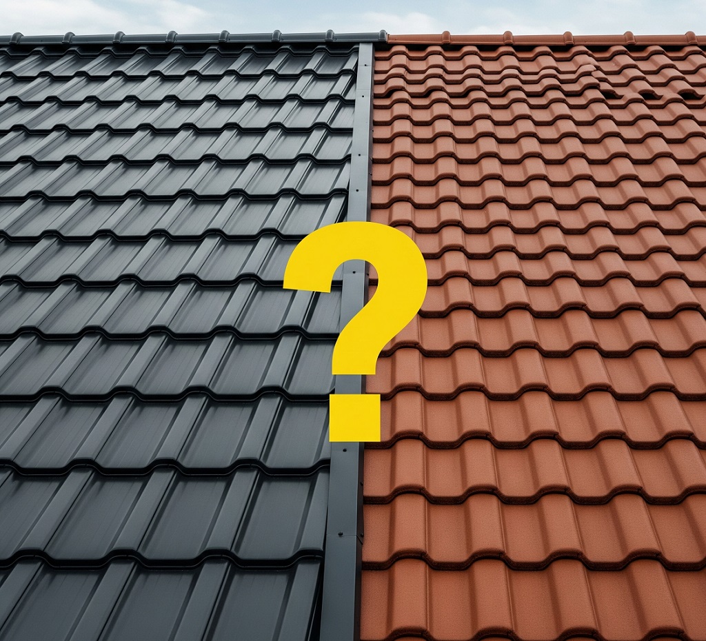 Zdjęcie połowy dachu pokrytego blachodachówką i drugiej połowy dachówką ceramiczną