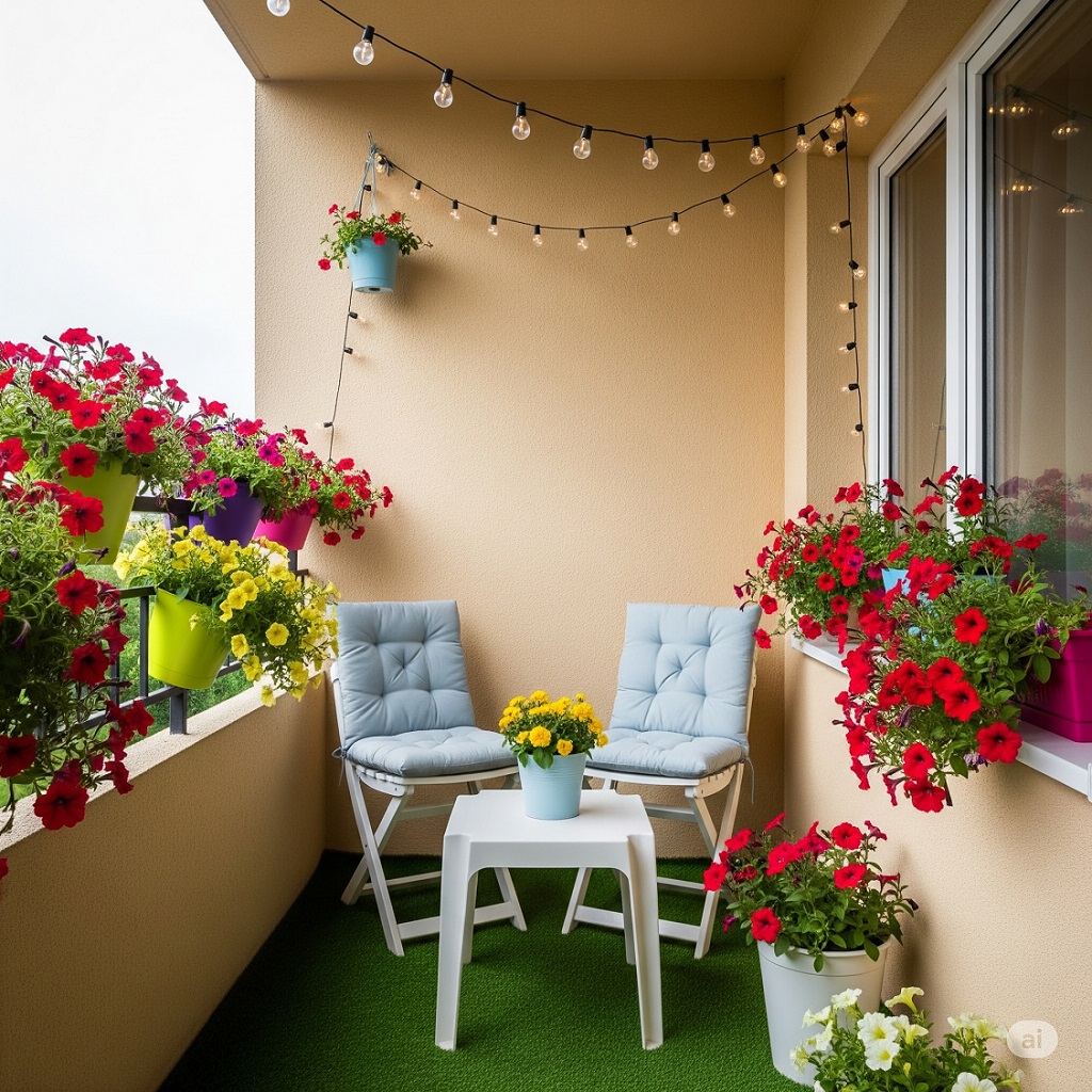 Przytulny balkon z krzesełkami, stolikiem roślinami oraz światełkami