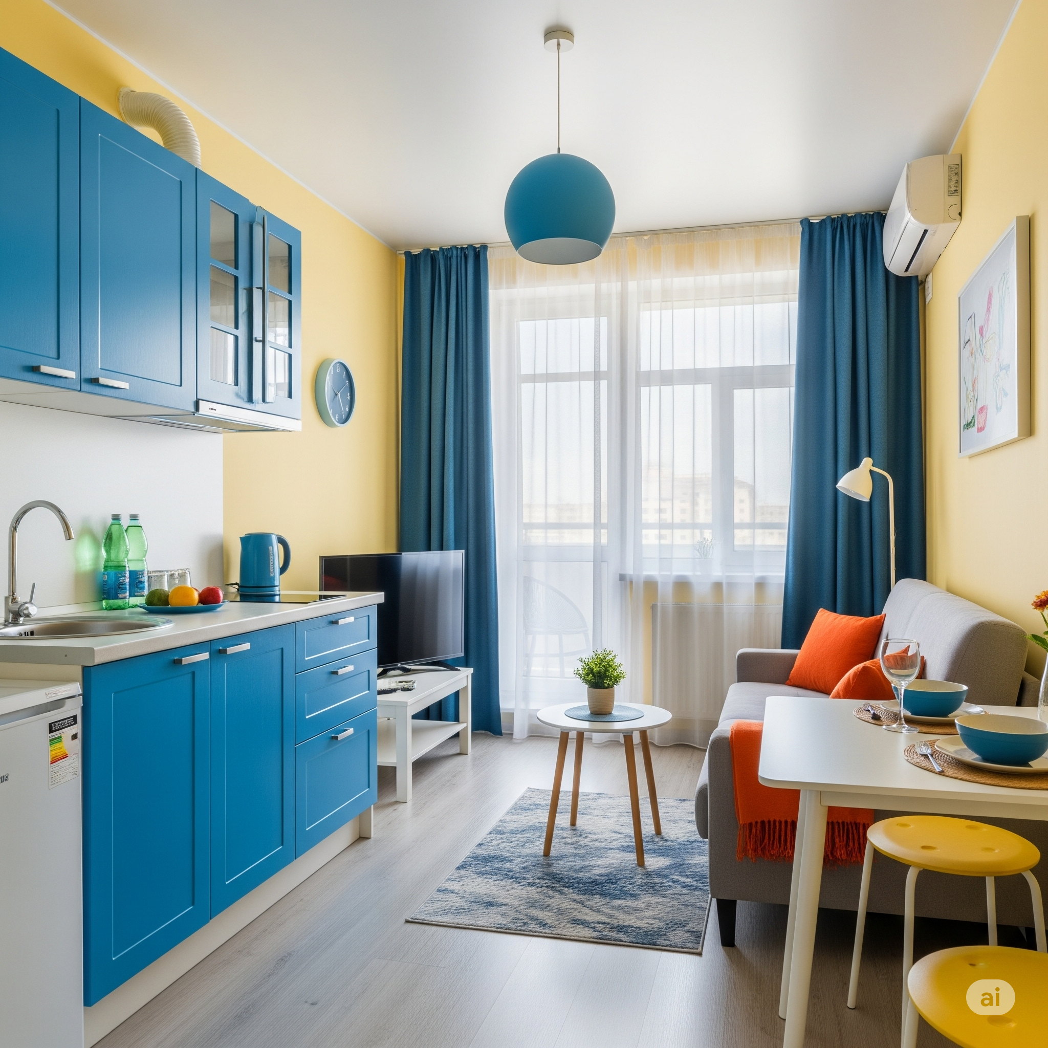 Małe jednopokojowe mieszkanie - salon z kuchnią