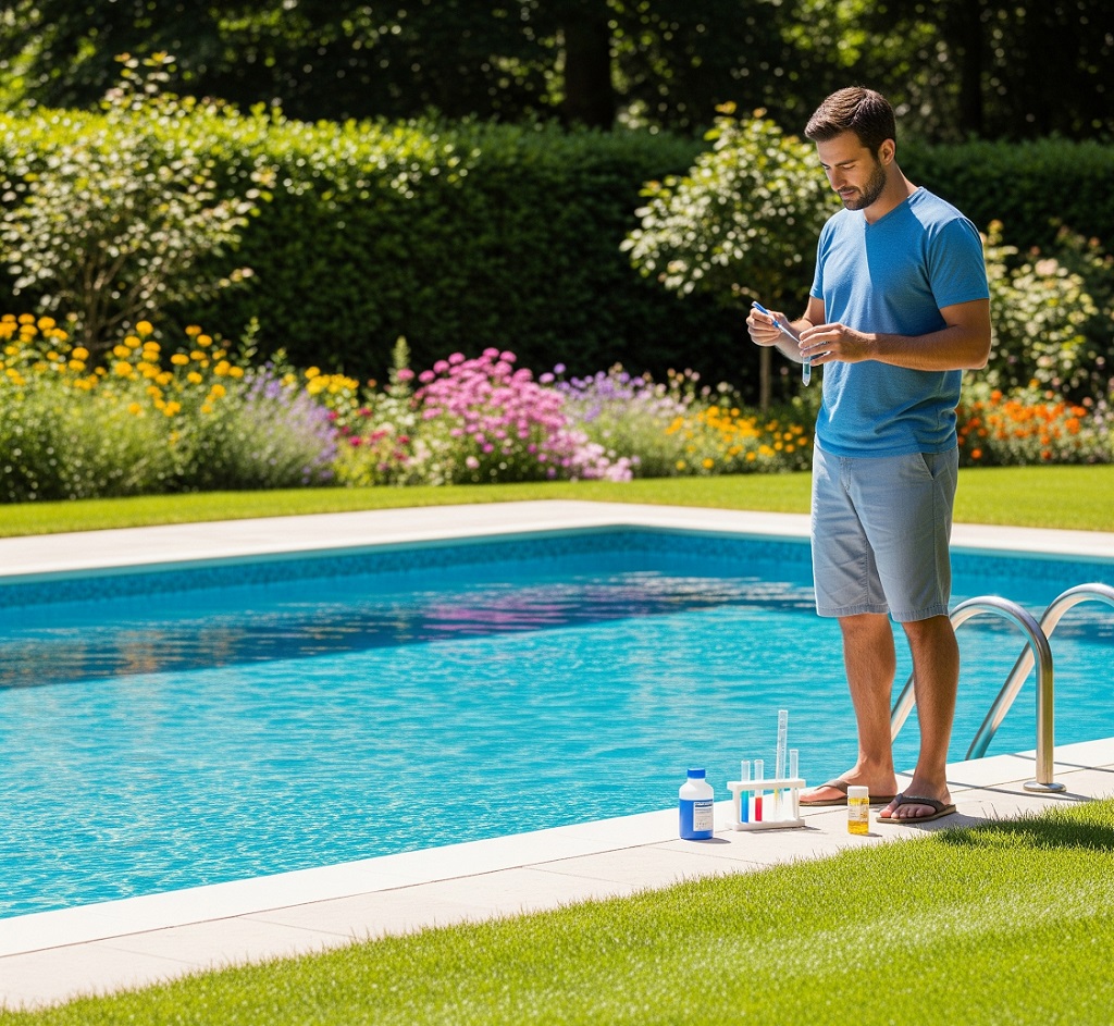 Mężczyzna stoi obok basenu w ogrodzie i mierzy pH wody za pomocą oddczynników
