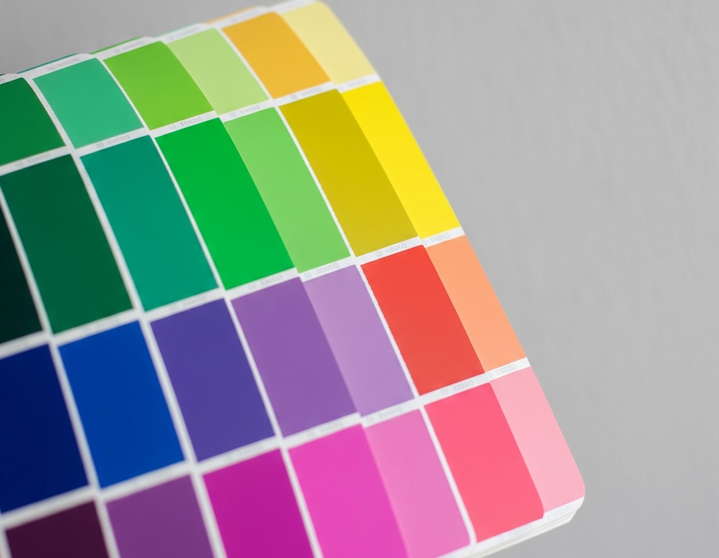 Próbnik kolorów do farby ściennej przyłożony do szarej ściany