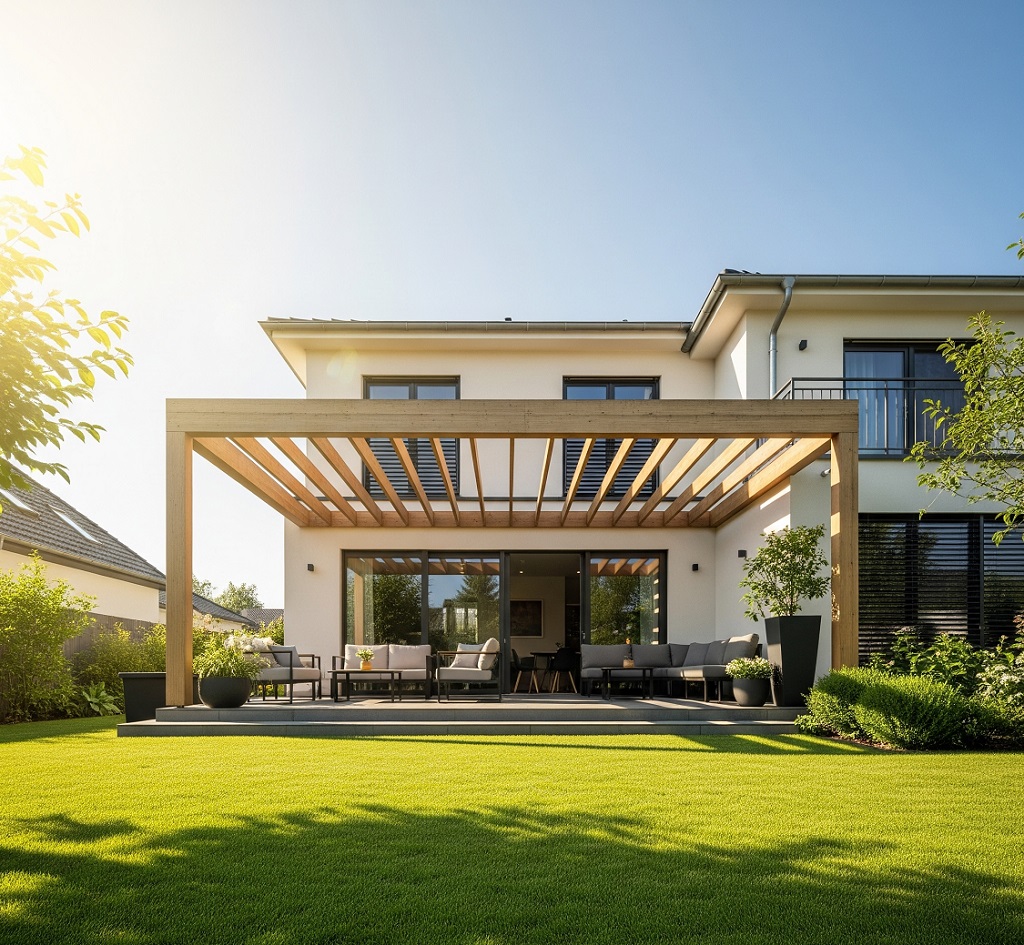 Eleganckie drewniane zadaszenie tarasu w nowoczesnym domu