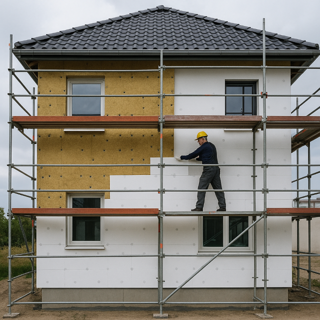 Rusztowanie przy budynku - wełna mineralna czy styropian?